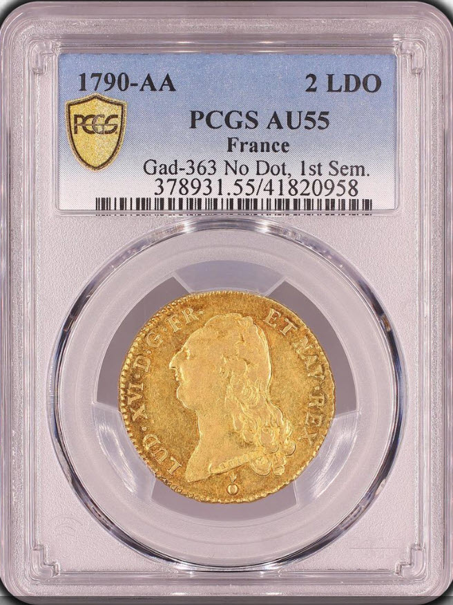 【動画あり】【レア度3-R3】フランス 1790-AA年 ルイ16世 2ルイドール金貨 PCGS-AU55