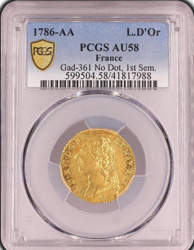 【動画あり】【レア度1-R1】フランス 1786-AA年 ルイ16世 1ルイドール金貨 PCGS-AU58