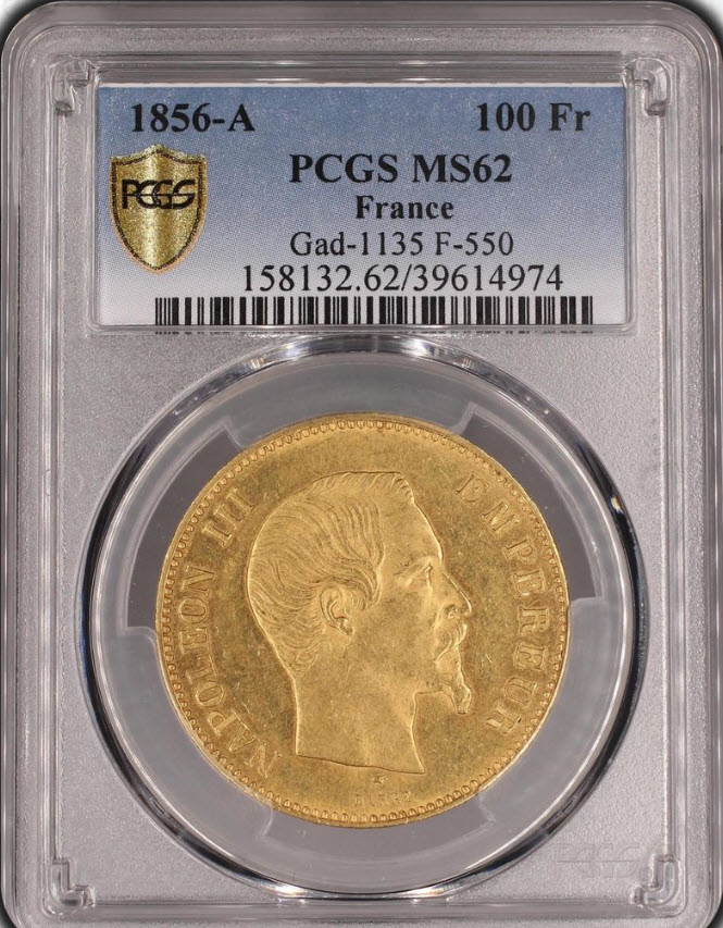 アンティークコインフランス1856-A年エンペラーナポレオンIII世100フラン金貨PCGS-MS62