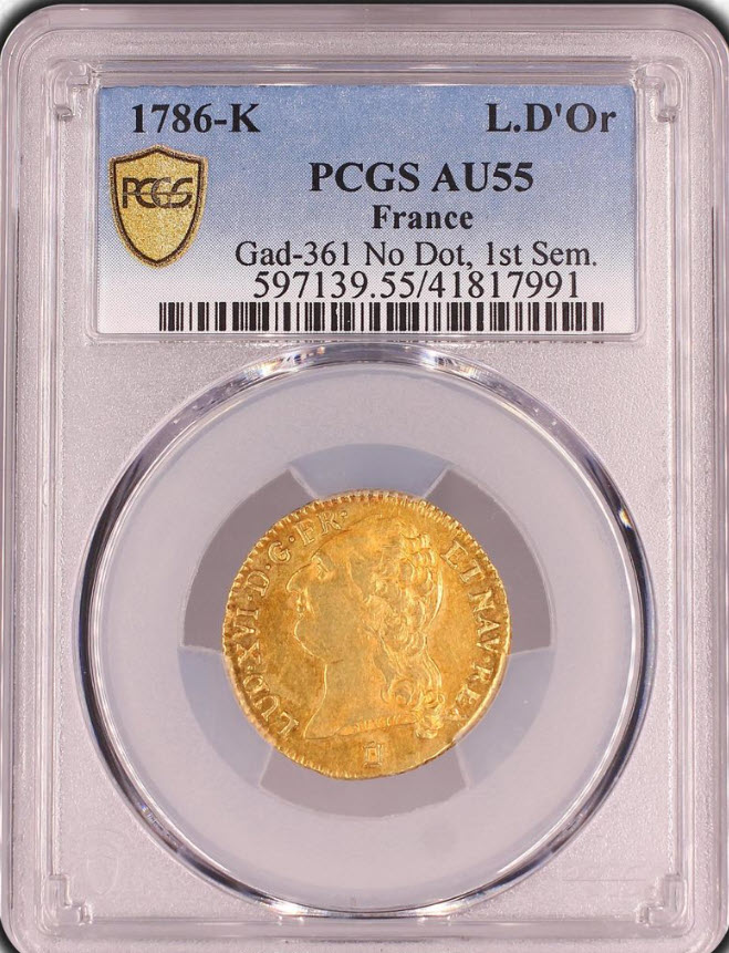 【動画あり】【レア度1-R1】フランス 1786-K年 ルイ16世 1ルイドール金貨 PCGS-AU55