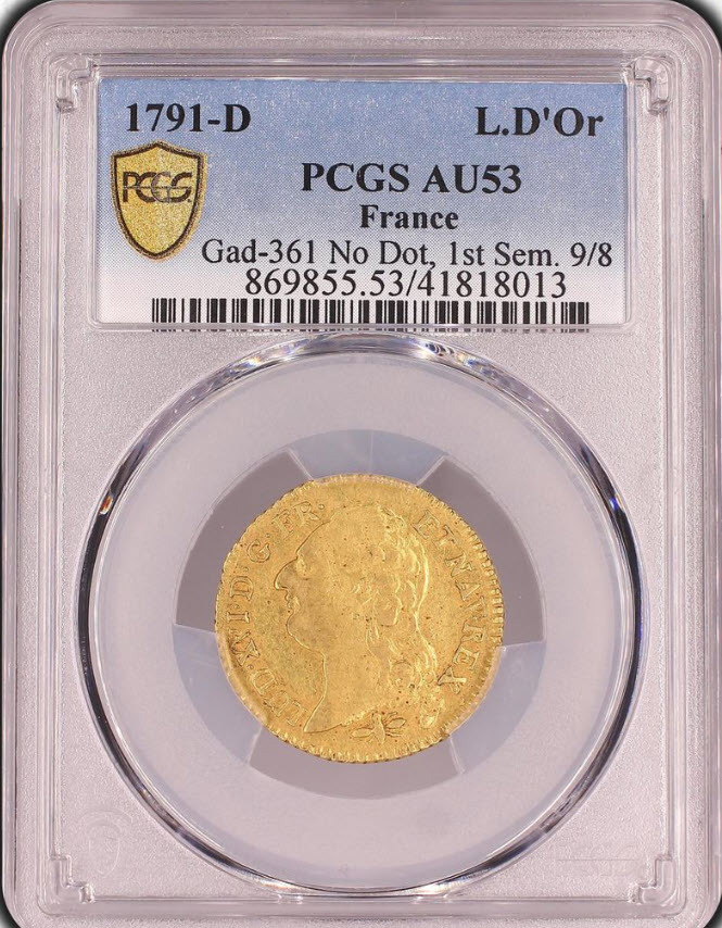 フランス 1791-D年 ルイ16世 1ルイドール金貨 PCGS-AU53