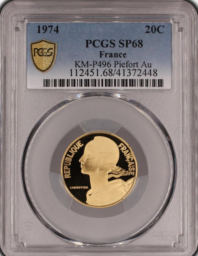 アンティークコイン フランス 1974年 20サンチームピエフォー金貨 PCGS-SP68