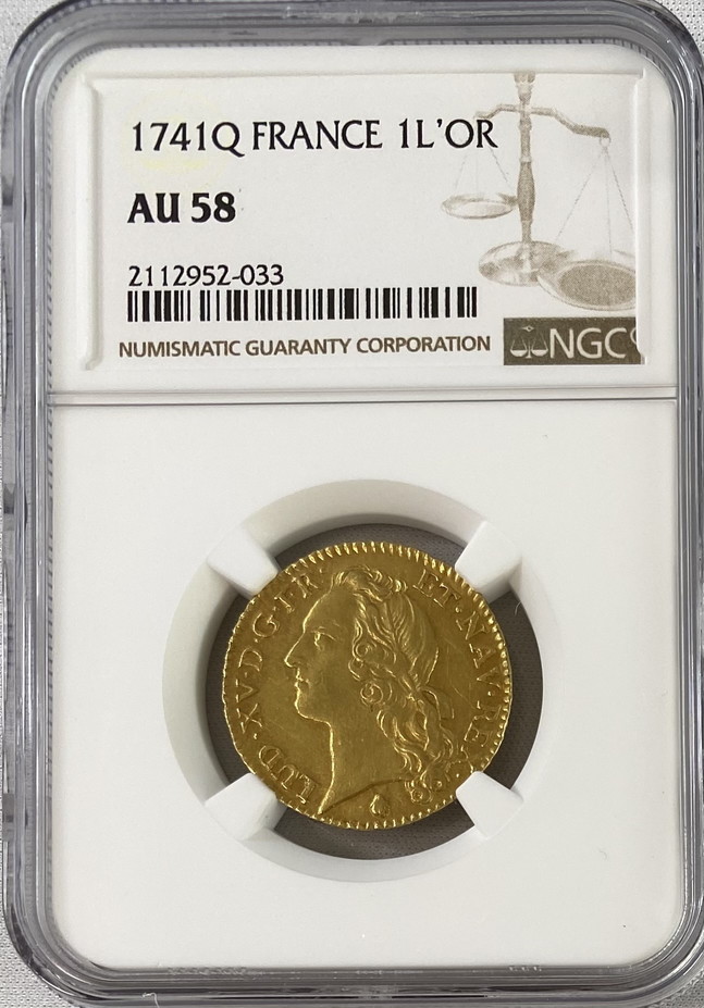 【動画あり】【レア度2-R2】フランス 1741-Q年 ルイ15世 ルイドール金貨 NGC-AU58