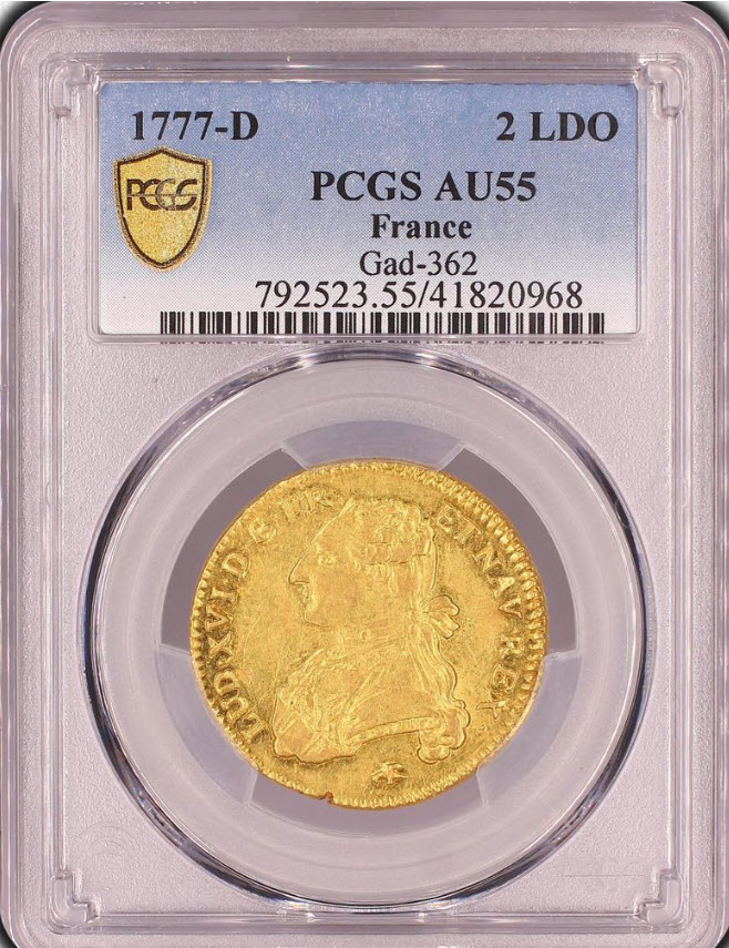 【動画あり】【レア度1-R1】フランス 1777-D年 ルイ16世 2ルイドール金貨 PCGS-AU55