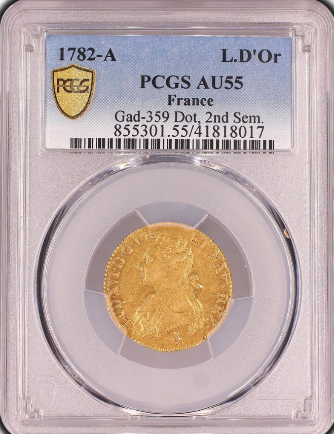 【動画あり】【レア度2-R2】フランス 1782-A年 ルイ16世 1ルイドール金貨 PCGS-AU55