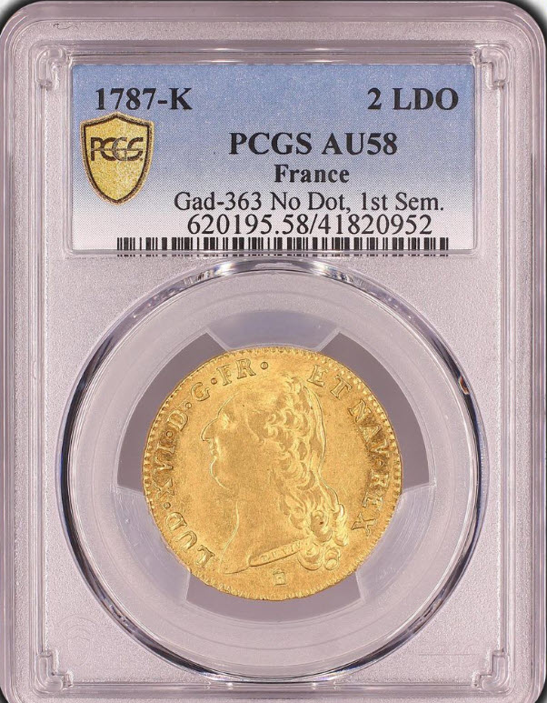 【レア度2-R2】フランス 1787-K年 ルイ16世 2ルイドール金貨 PCGS-AU58