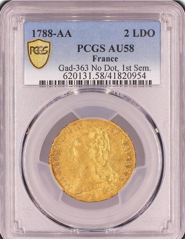 【レア度1-R1】フランス 1788-AA年 ルイ16世 2ルイドール金貨 PCGS-AU58
