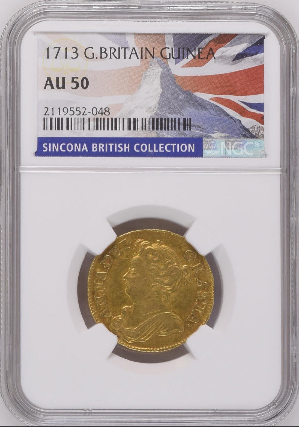 グレートブリテン 1713年 アン女王 1ギニー金貨 NGC-AU50