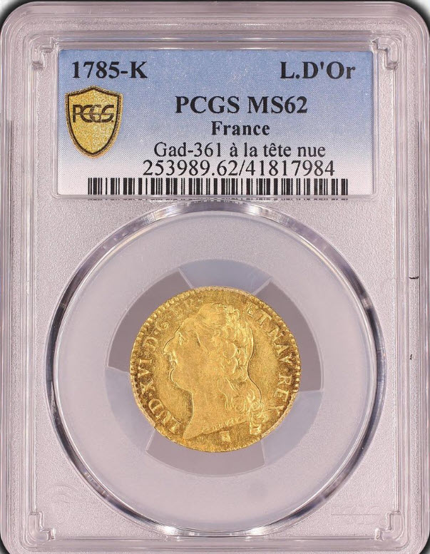 【動画あり】【レア度2-R2】フランス 1785-K年 ルイ16世 1ルイドール金貨 PCGS-MS62