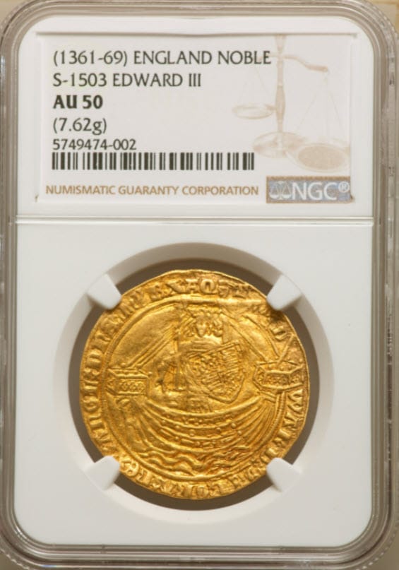 【動画あり】グレートブリテン エドワード3世(1361-1369) ノーブル金貨 NGC-AU50