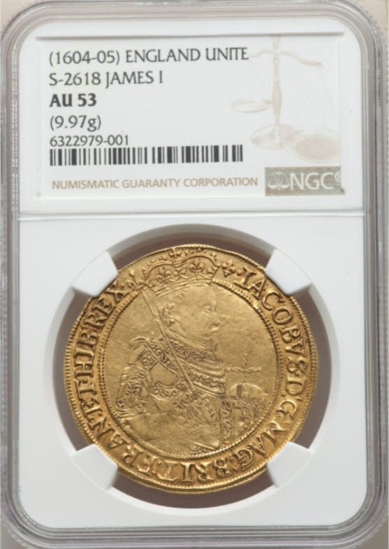 【動画あり】グレートブリテン 1604-1605年 ジェームズ1世 ゴールド・ユナイト金貨 NGC-AU53