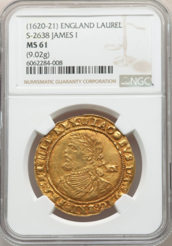 アンティークコイン グレートブリテン ジェームズ1世 ゴールドローレル ND (1620-1621)NGC-MS61