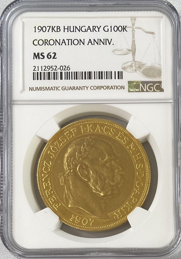 【動画あり】ハンガリー 1907年 フランツ・ヨーゼフ1世 戴冠式記念 100コロナ金貨 NGC MS62