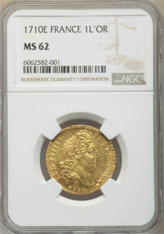 【レア度3-R3】フランス 1710-E年 ルイ14世 1ルイドール金貨 NGC-MS62