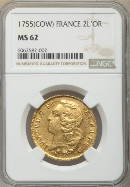 【レア度3-R3】フランス 1755-Pau年 ルイ15世 2ルイドール金貨 NGC-MS62