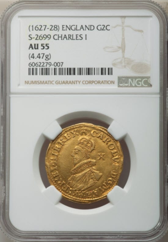 グレートブリテン 1627-28年 チャールズ1世 ダブルクラウン金貨 NGC-AU55