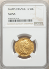 【レア度1-R1】フランス 1670-A年 ルイ14世 1ルイドール金貨 NGC-AU55
