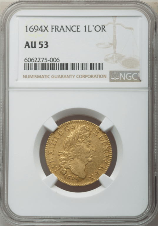 【レア度1-R1】フランス 1694-X年 ルイ14世 1ルイドール金貨 NGC-AU53