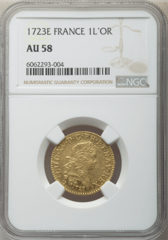 【レア度2-R2】フランス 1723-E年 ルイ15世 ルイドール金貨 NGC-AU58