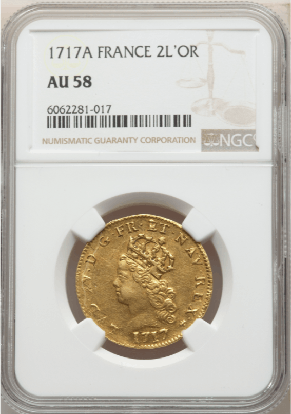 【レア度1-R1】フランス 1717-A年 ルイ15世 2ルイドール金貨 NGC-AU58