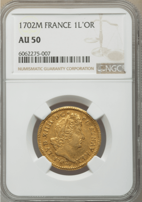 【レア度3-R3】フランス 1702-M年 ルイ14世 1ルイドール金貨 NGC-AU50