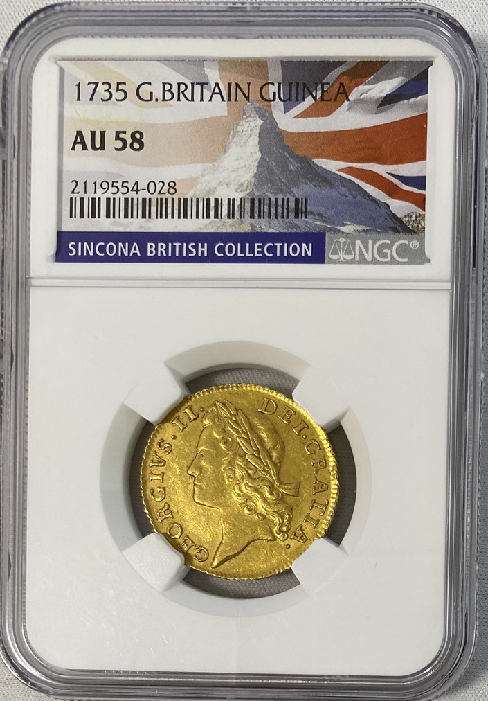 【レア度2-R2】グレートブリテン 1735年 ギニー金貨 ジョージ2世 NGC-AU58