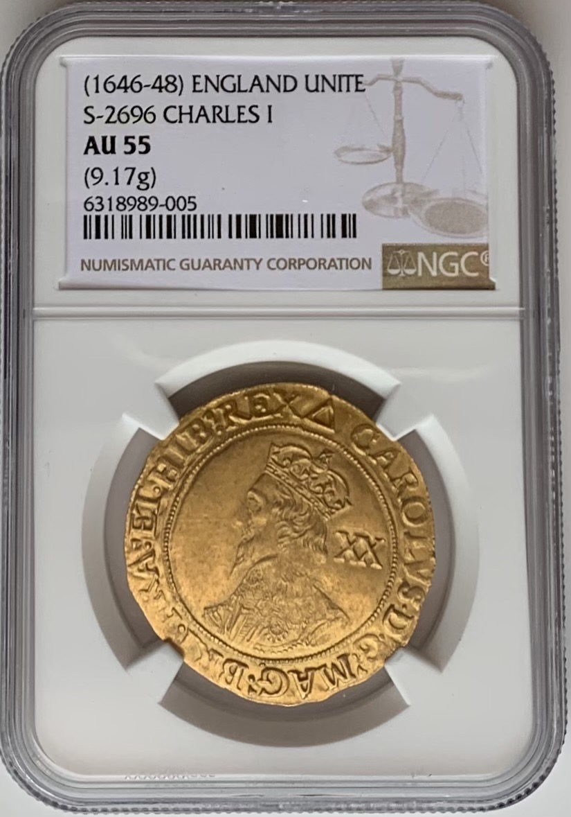 アンティークコイン グレートブリテン チャールズ1世 ゴールドユナイト金貨 (1646-48) NGC-AU55