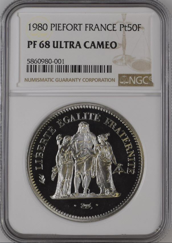 フランス試鋳貨1980年プラチナ貨 リパブリックプルーフ50フランピエフォーNGC社-PF68UCAM