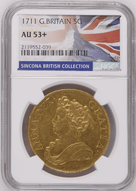グレートブリテン 1711年 アン女王 5ギニー金貨 NGC-AU53+