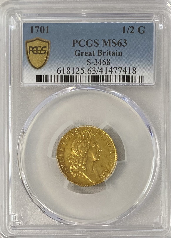 【動画あり】グレートブリテン 1701年 ウイリアム3世 1/2ギニー金貨 PCGS-MS63