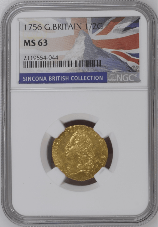 【動画あり】グレートブリテン 1756年 ジョージ2世 1/2ギニー金貨 NGC-MS63