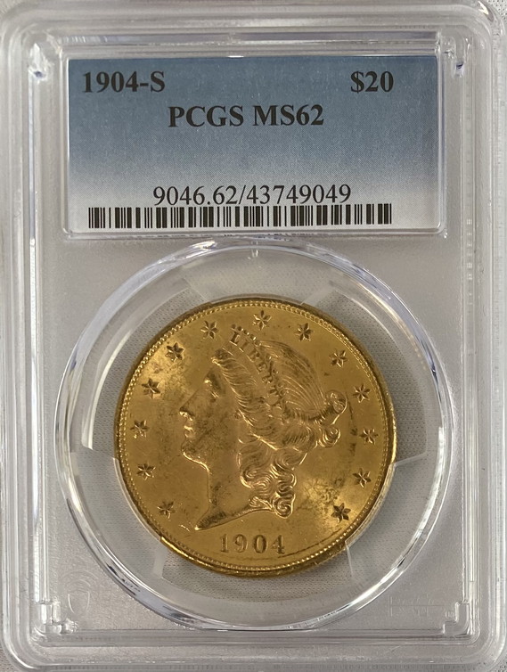 【資産防衛】アンティークコイン アメリカ 20ドル金貨 リバティヘッド1904-S $20 PCGS-MS62