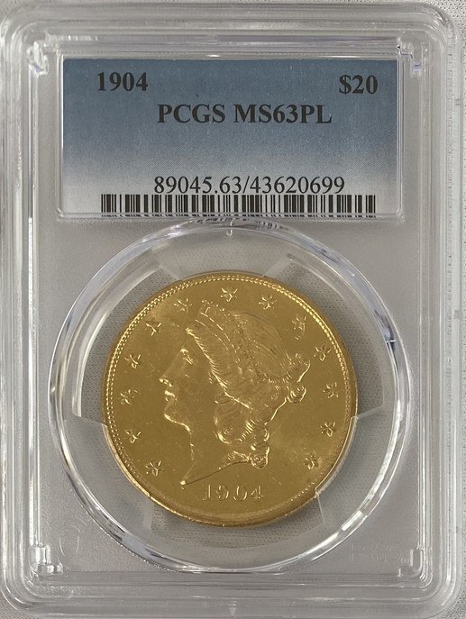 【資産防衛】アンティークコイン アメリカ 20ドル金貨 リバティヘッド1904 $20 PCGS-MS63PL