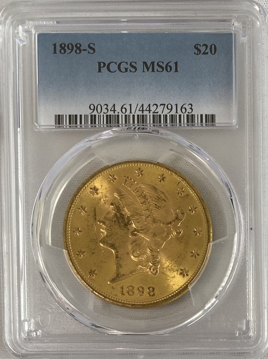 【資産防衛】アンティークコイン アメリカ 20ドル金貨 リバティヘッド1898-S $20 PCGS-MS61