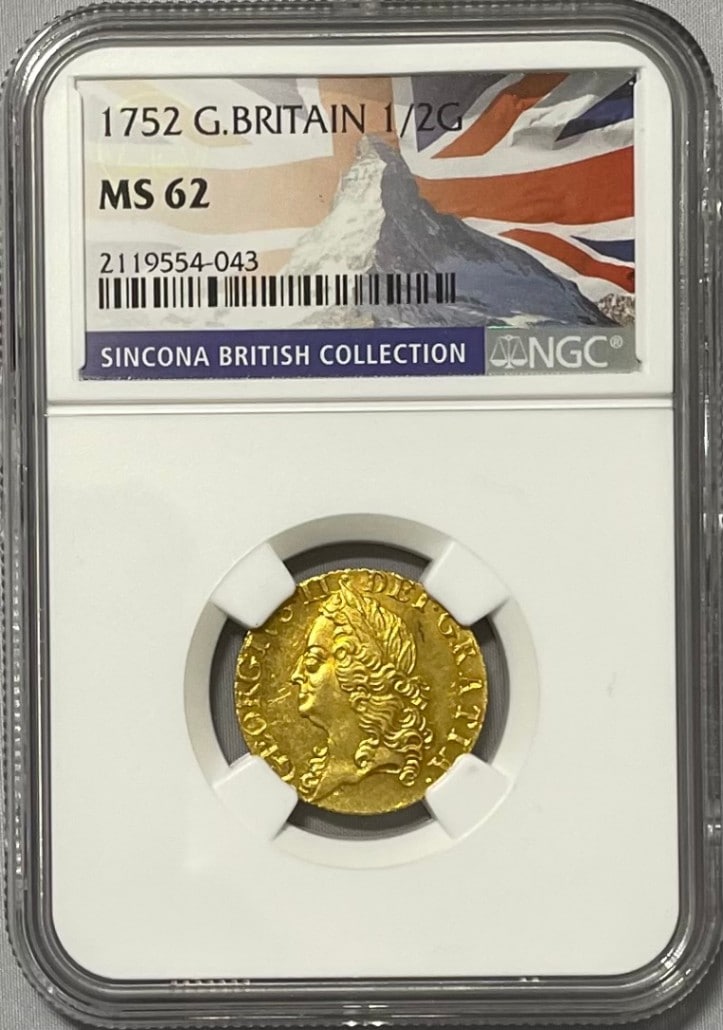 【レア度3-R3】グレートブリテン 1752年 ジョージ2世 1/2ギニー金貨 NGC-MS62