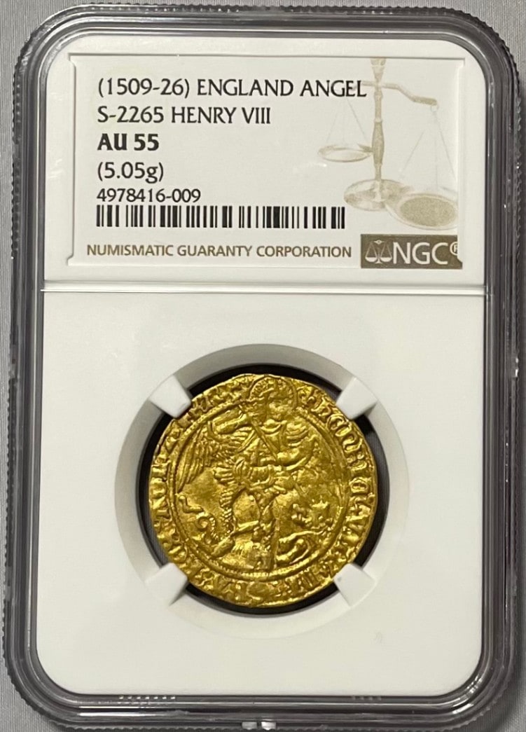 【動画あり】グレートブリテン 1509-26年 ヘンリー8世 エンジェル金貨 NGC-AU55