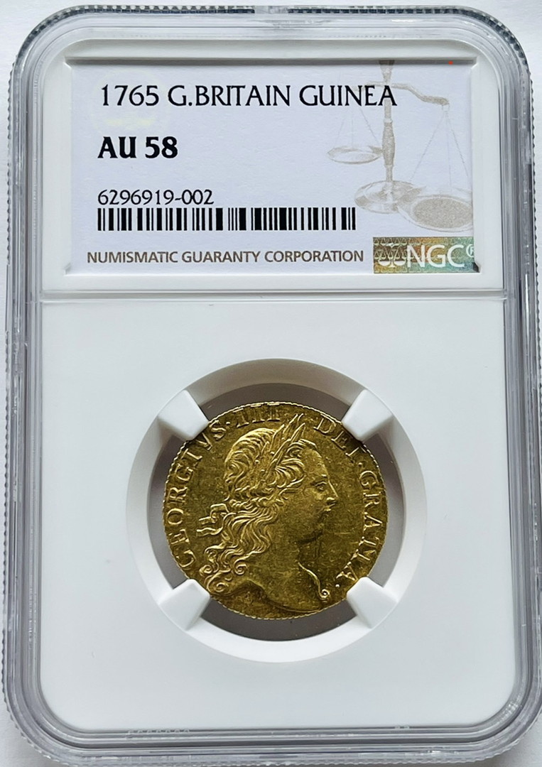 【レア度2-R2】グレートブリテン ジョージ3世 1765年 1ギニー金貨 NGC-AU58