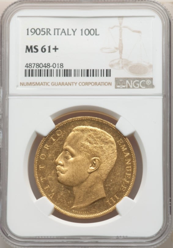 【レア度2-R2】イタリア 1905年 ヴィットーリオ・エマヌエーレ3世 100リラ金貨 NGC-MS61+