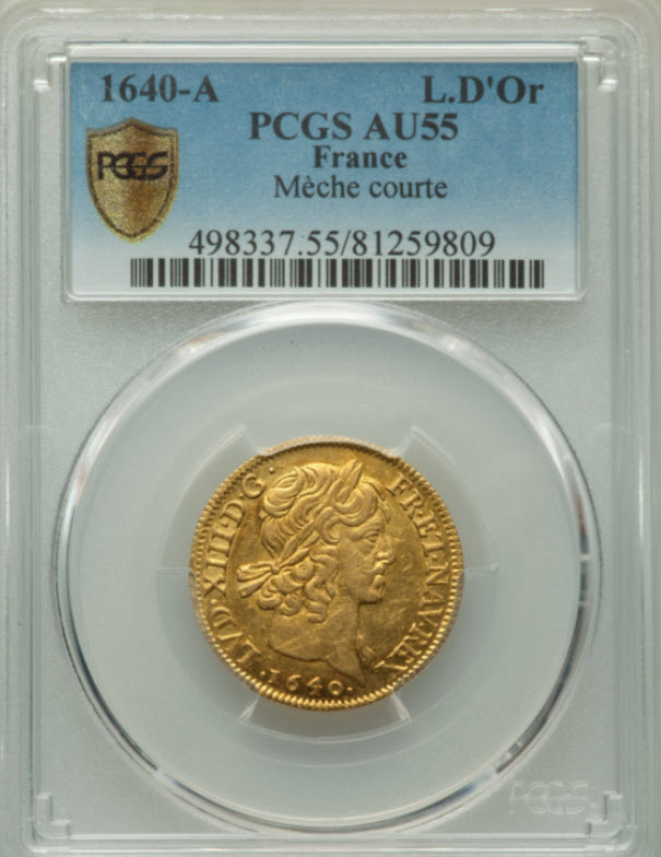 【レア度2-R2】フランス 1640-A年 ルイ13世 1ルイドール金貨 PCGS-AU55