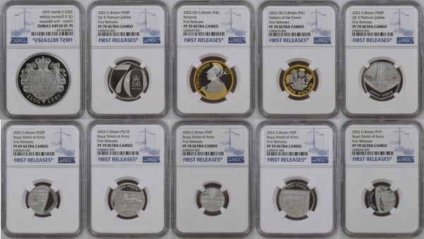 NGC社鑑定済 箱付き グレートブリテン 2022年 エリザベス2世 在位70周年記念 プラチナ・ジュビリー ファーストリリース 10枚セット