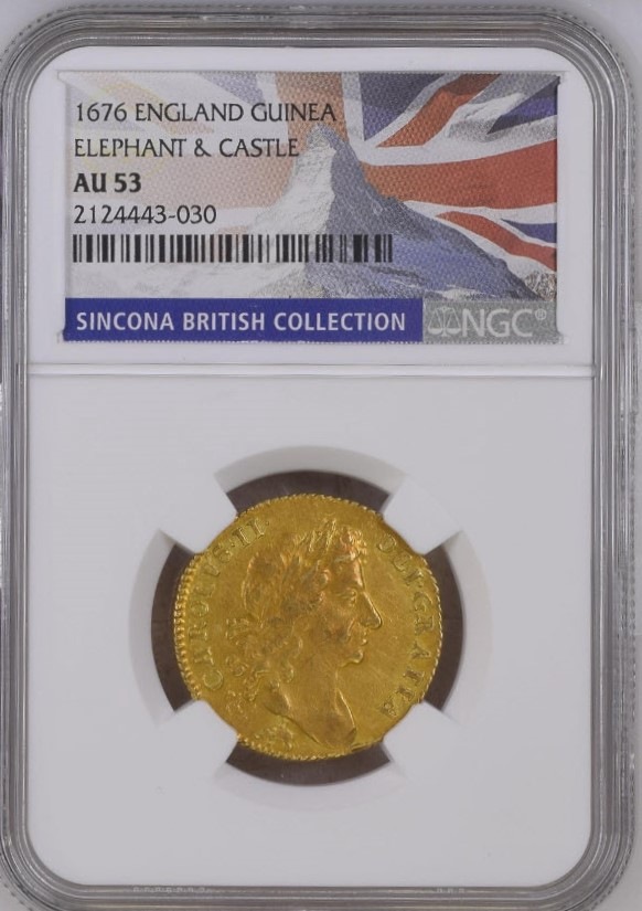 【レア度3-R3】グレートブリテン 1676年 チャールズ2世 ギニーエレファント＆キャッスル金貨 NGC-AU53