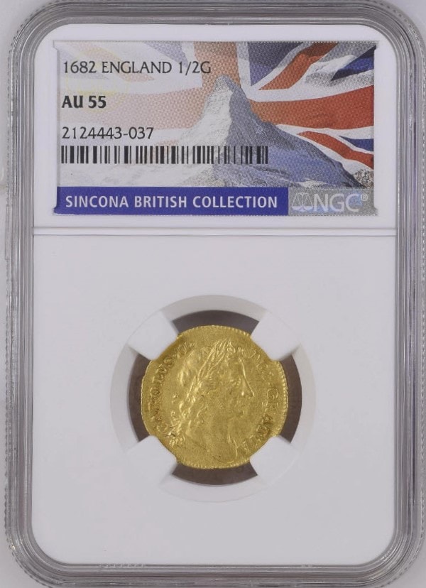【レア度2-R2】グレートブリテン 1682年 チャールズ2世 1/2ギニー金貨 NGC-AU55