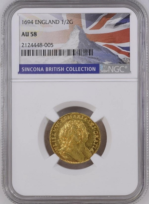 【レア度1-R1】グレートブリテン 1694年 ウイリアム3世＆メアリー2世 1/2ギニー金貨 NGC-AU58