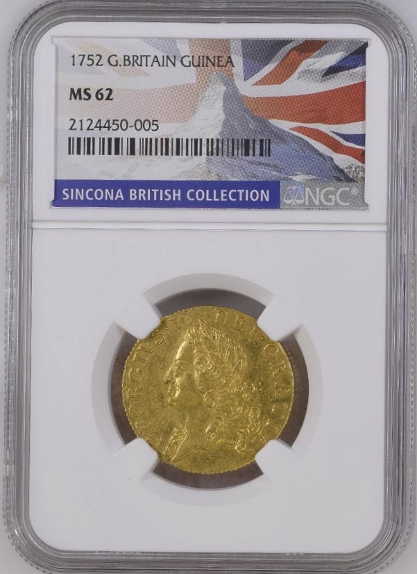 【レア度1-R1】グレートブリテン 1752年 ジョージ2世 1ギニー金貨 NGC-MS62