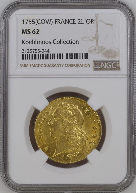 【レア度2-R2】フランス 1755-Pau年 ルイ15世 2ルイドール金貨 NGC-MS62