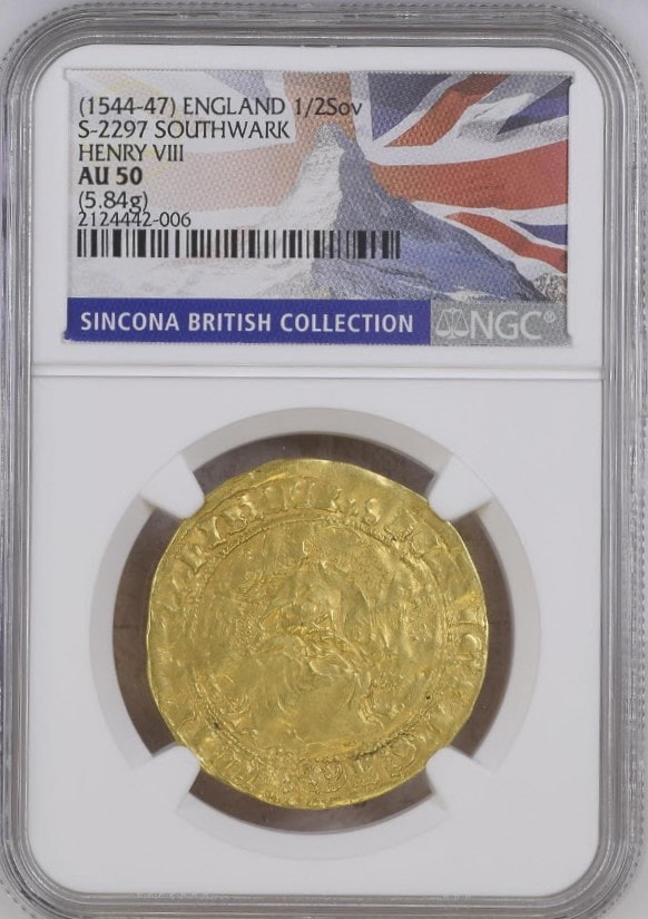 【動画あり】グレートブリテン ヘンリー8世 1544-47年 1/2ソブリン金貨 NGC-AU50