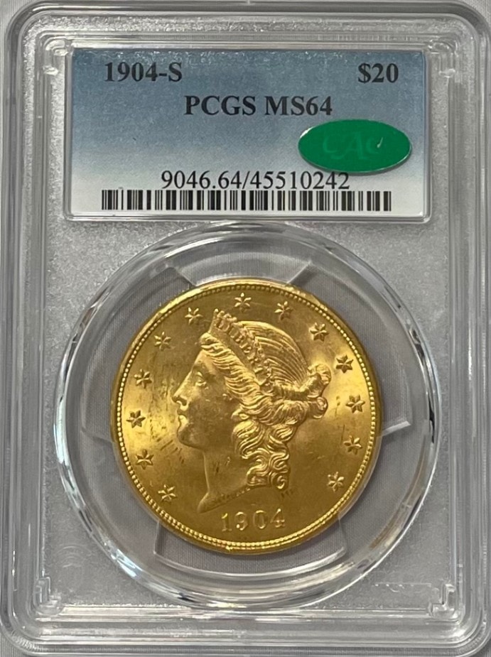 【資産防衛】アンティークコイン アメリカ 20ドル金貨 リバティヘッド1904-S $20 PCGS-MS64 CAC