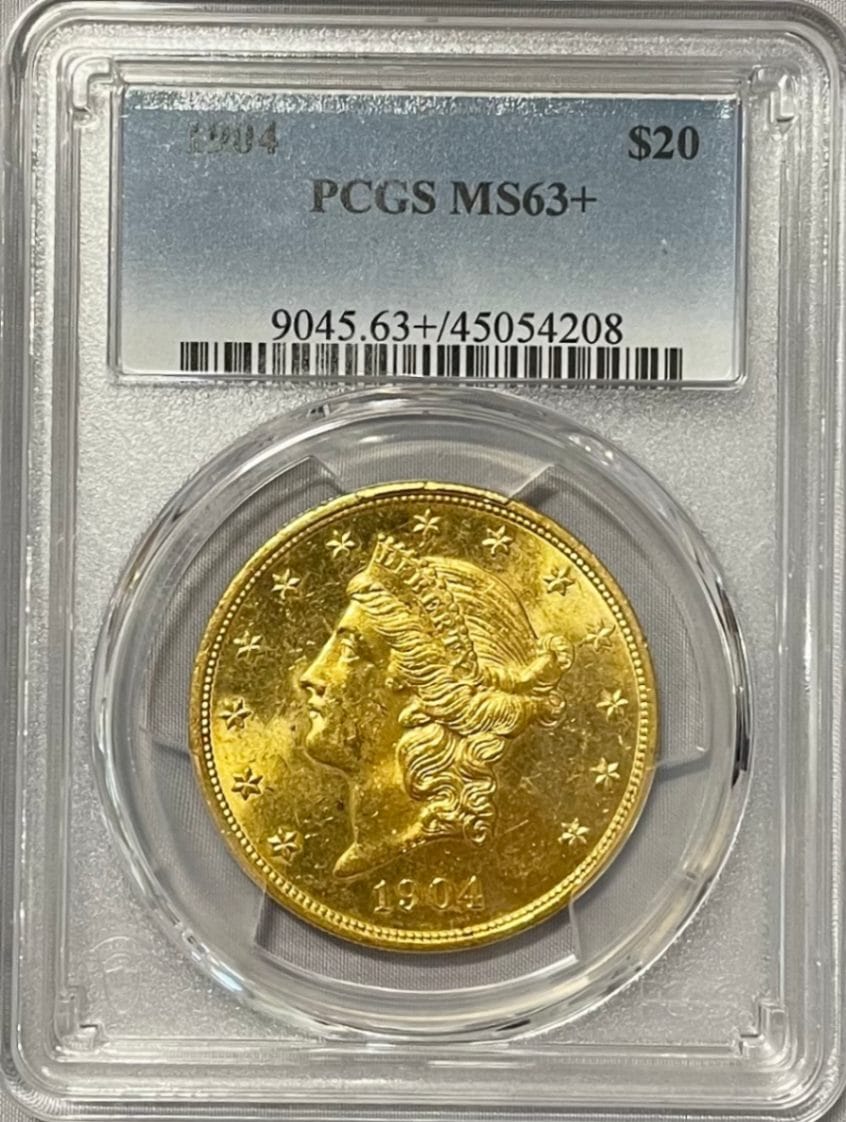 【資産防衛】アンティークコイン アメリカ 20ドル金貨 リバティヘッド1904 $20 PCGS-MS63+