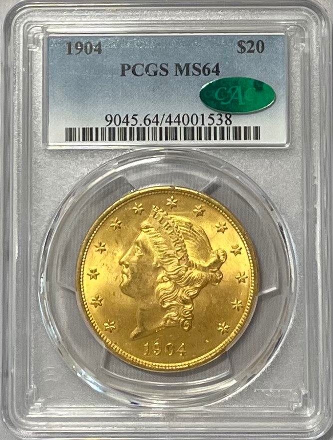 【資産防衛】アンティークコイン アメリカ 20ドル金貨 リバティヘッド1904 $20 PCGS-MS64 CAC