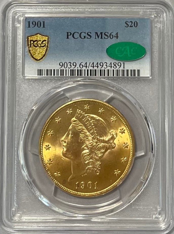 【資産防衛】アンティークコイン アメリカ 20ドル金貨 リバティヘッド1901 $20 PCGS-MS64 CAC